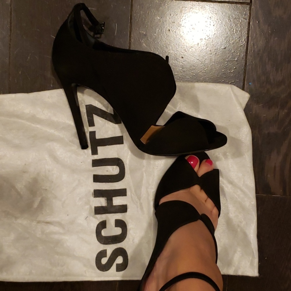 Schutz sued peep toe ankle tie heels